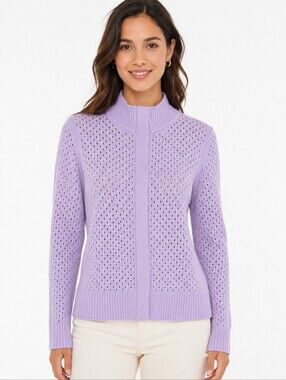 T by Talbots Lavender Pointelle Knit Snap Front Cardigan Sweater Large